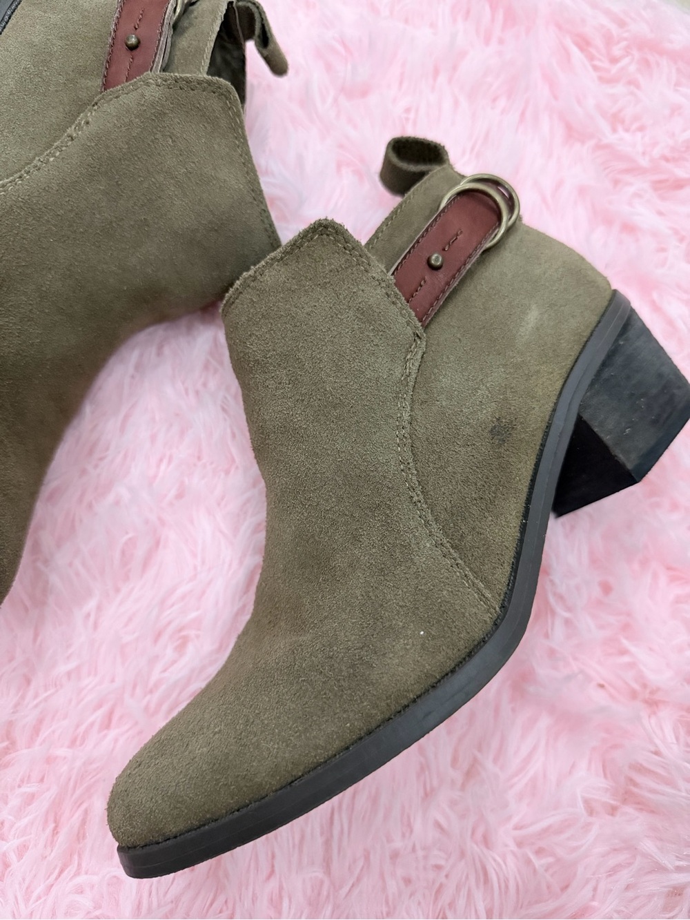 AE Olive Suede Ankle Boots with Brown Strap size 7 - Picture 3 of 10